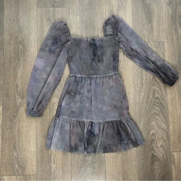 Wilfred Aritzia Tempest Mini Dress Smocked bodice Chiffon Puff Sleeve Purple - Picture 11 of 16